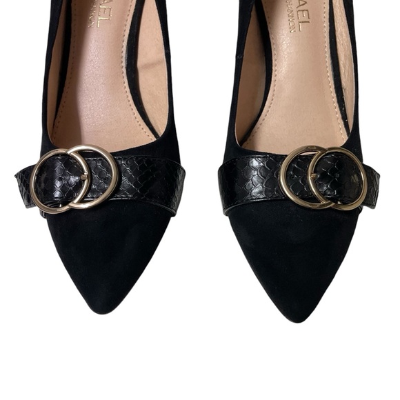 Michael Michael Shannon Black Suede Point Toe Gold Embellished Block Heels 7.5 - Picture 5 of 13